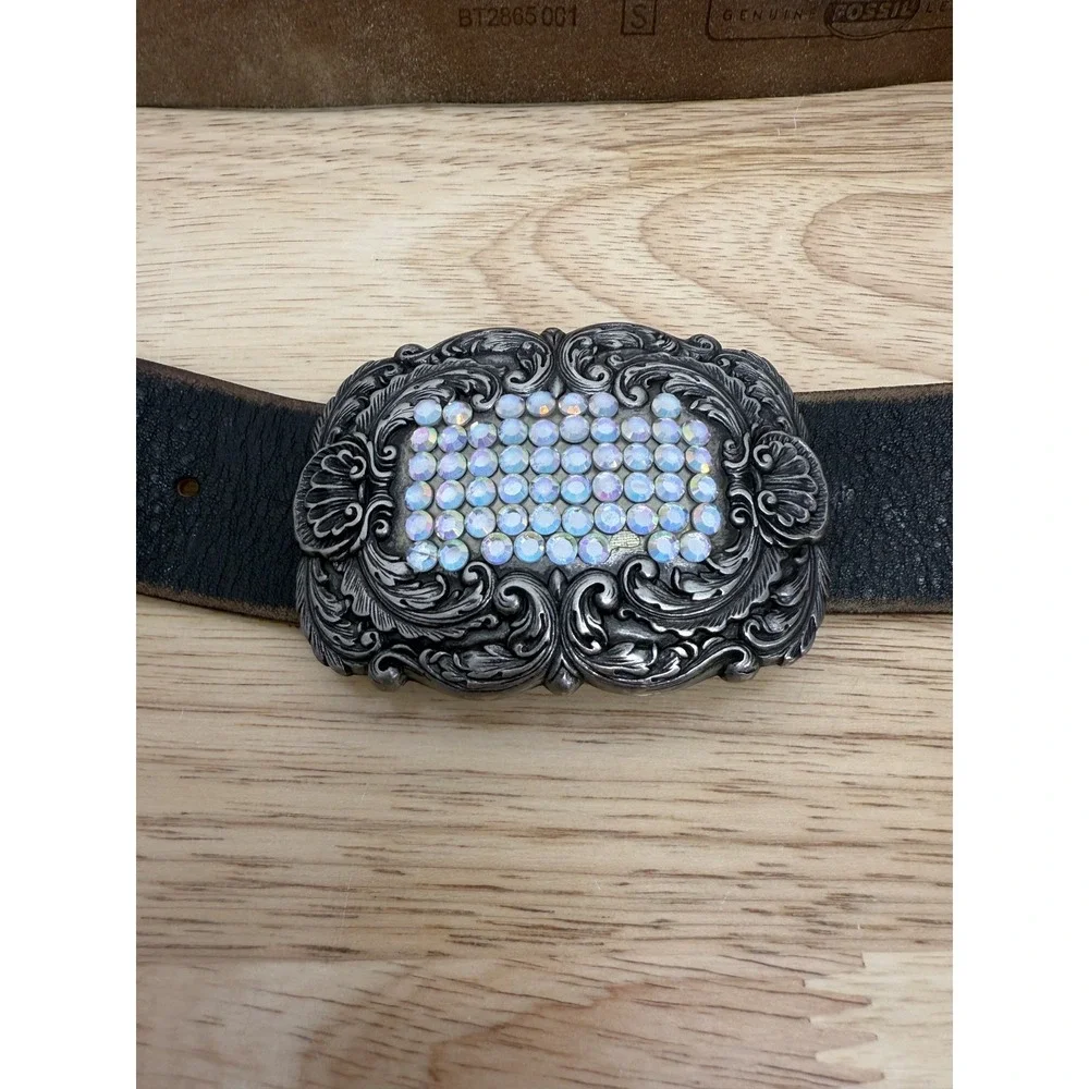 Fossil Women's Brown Soft Leather‎ Rhinestone Buckle Belt Small #14